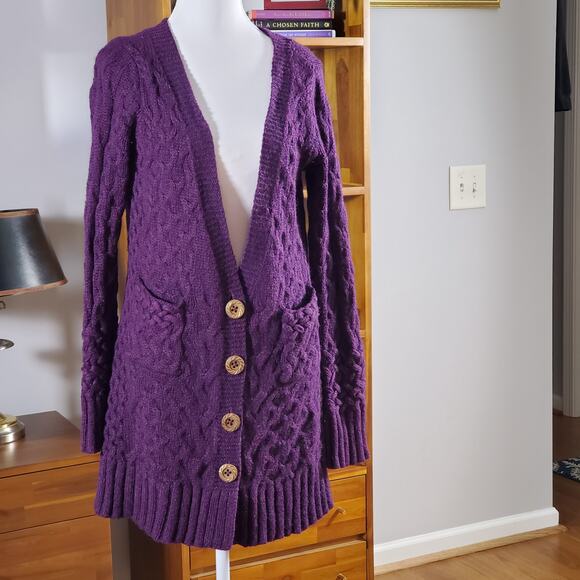 Sleeping on Snow Plum Cable Knit Wool Mohair Cardigan Sweater Small REPAIR - Picture 1 of 7